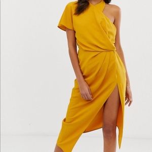 Asos mustard asymmetric neckline ruched midi dress